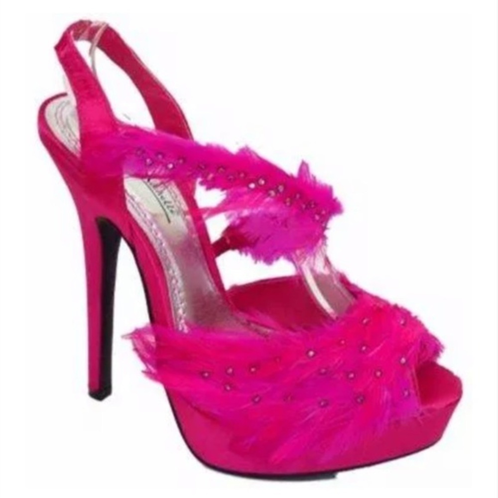 Society 86 pink feather sandal stiletto heels perfect Barbie costume shoes! Sz 8